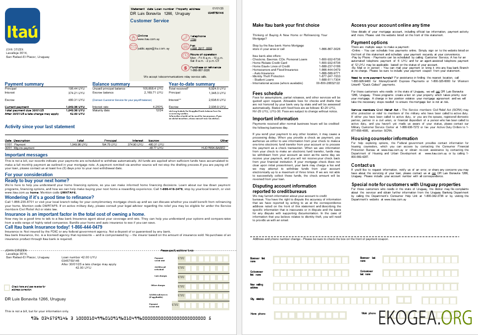 Relevé hypothécaire de la banque Uruguay Itau aux formats Word et PDF, 2 pages